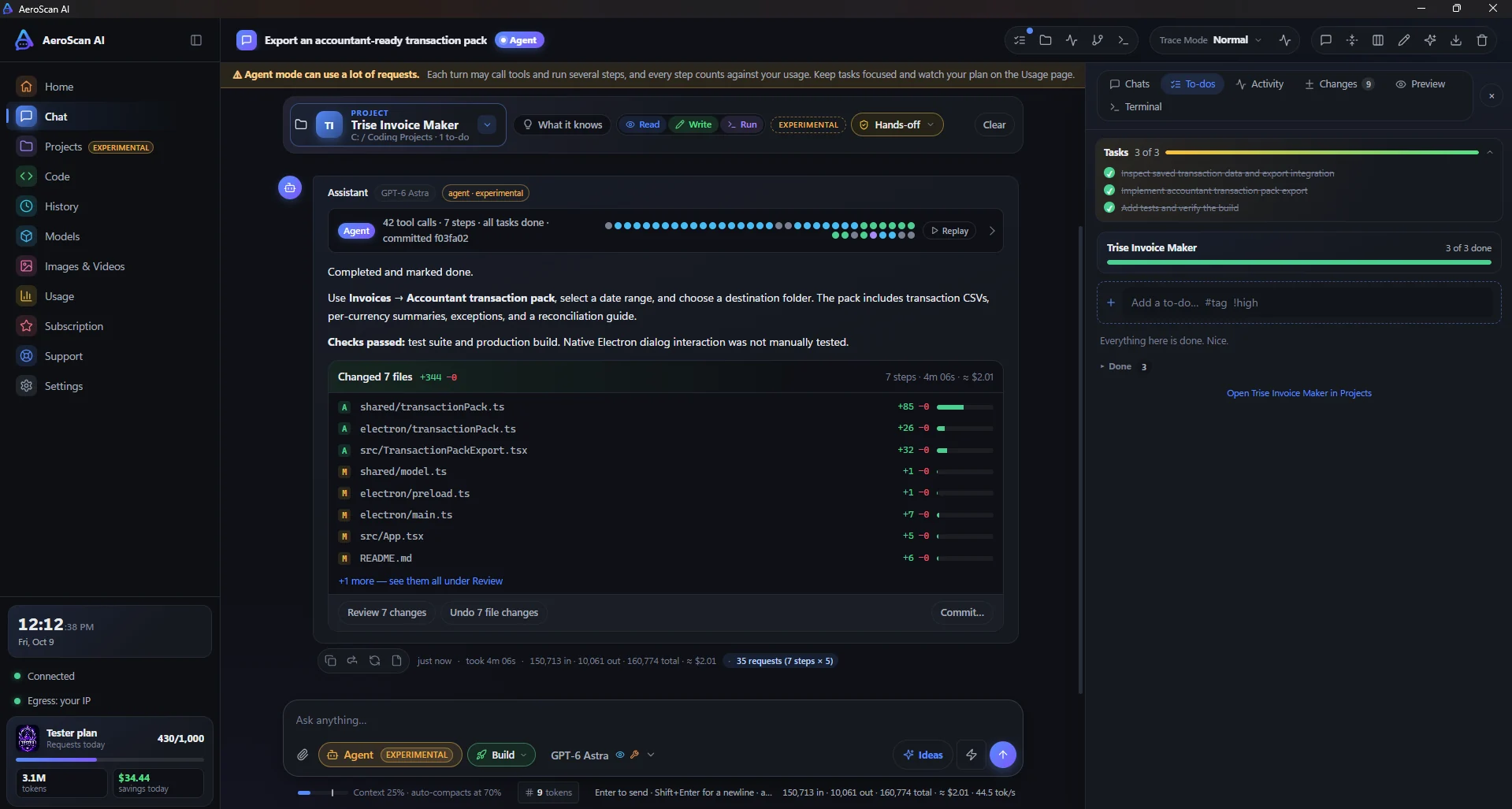Agent mode after building a feature: 7 changed files with review, undo and commit, and the task list all done