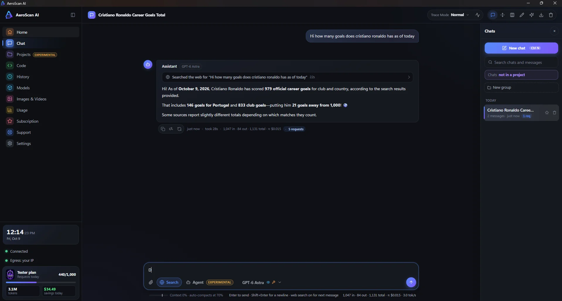 A chat that searched the web for a current answer