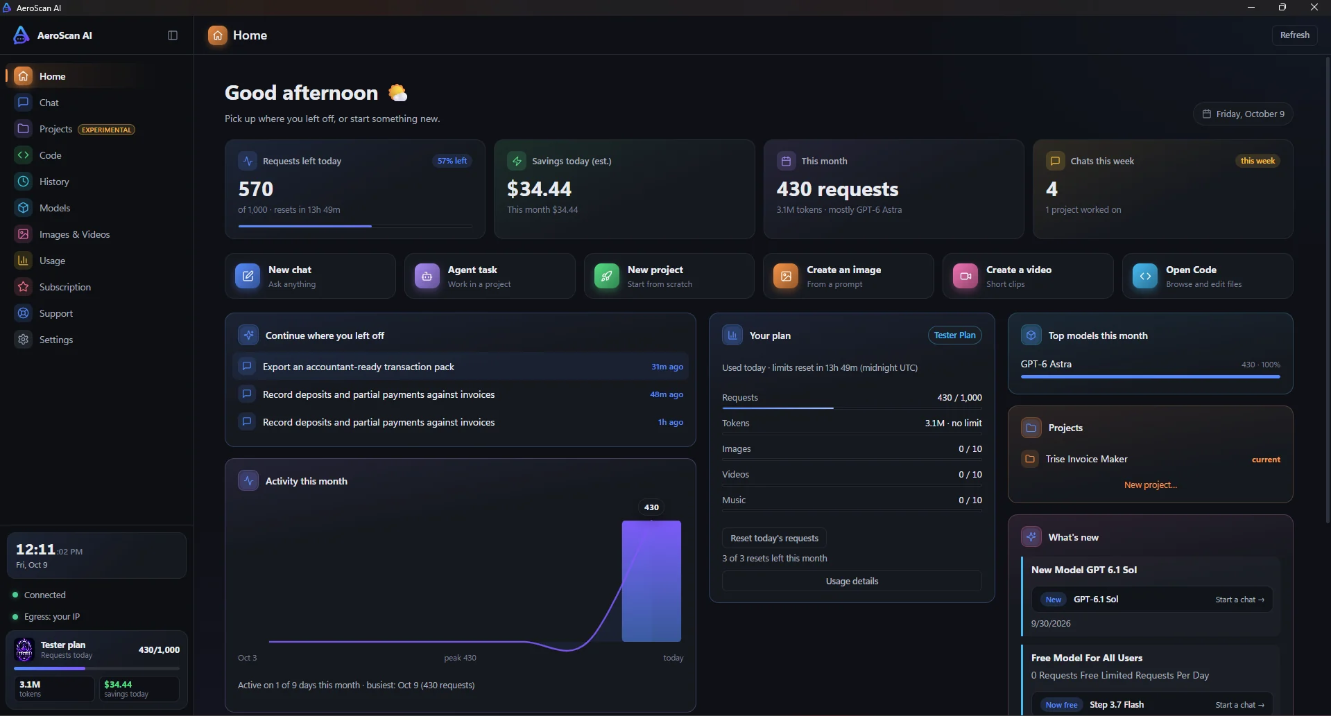 The AeroScan AI home screen: requests left today, savings, recent chats, your plan and top models