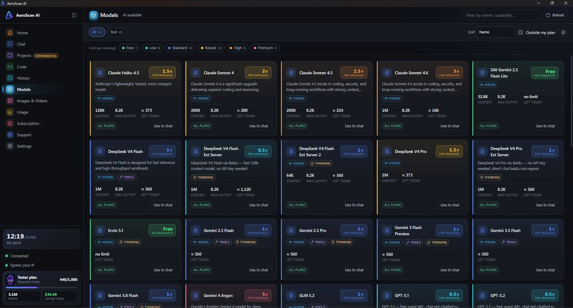 The Models page with each model's cost per message