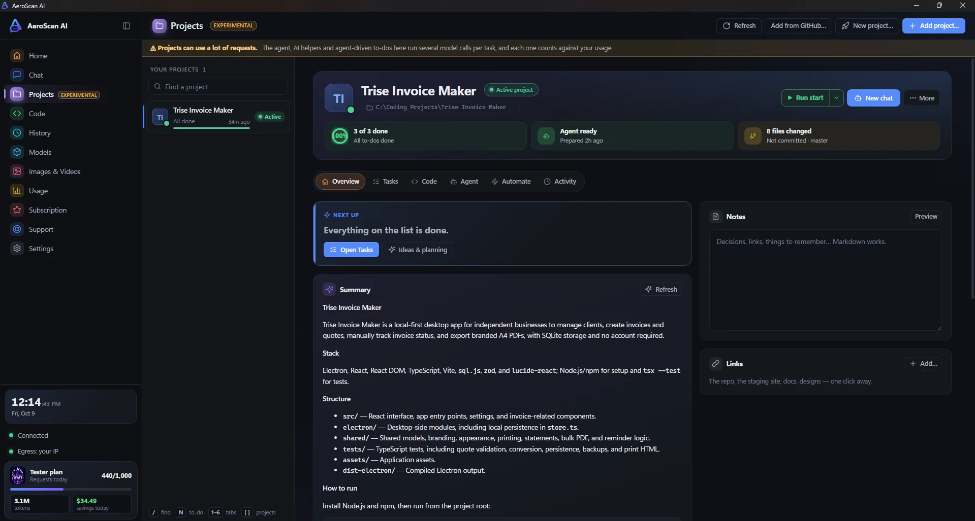 The Projects page: to-do progress, agent status, changed files and an AI summary of the project